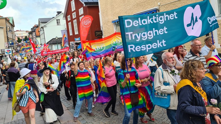 Färgglada människor i parad. Längst fram en banderoll med texten Delaktighet, Trygghet, Respekt